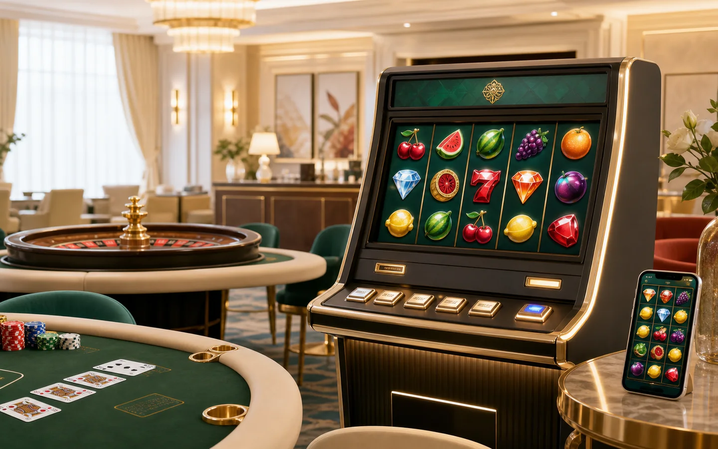 Slot, canlı rulet ve masa oyunlarını gösteren aydınlık oyun salonu